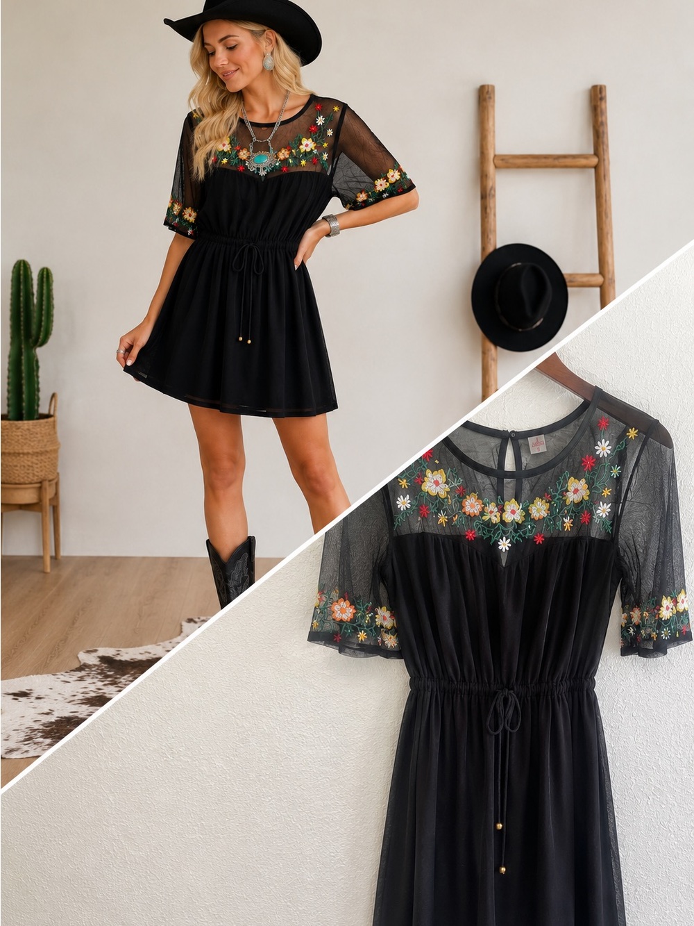 Embroidered Mesh Yoke Boho Dress | Black Floral Sheer Sleeve Mini Dress